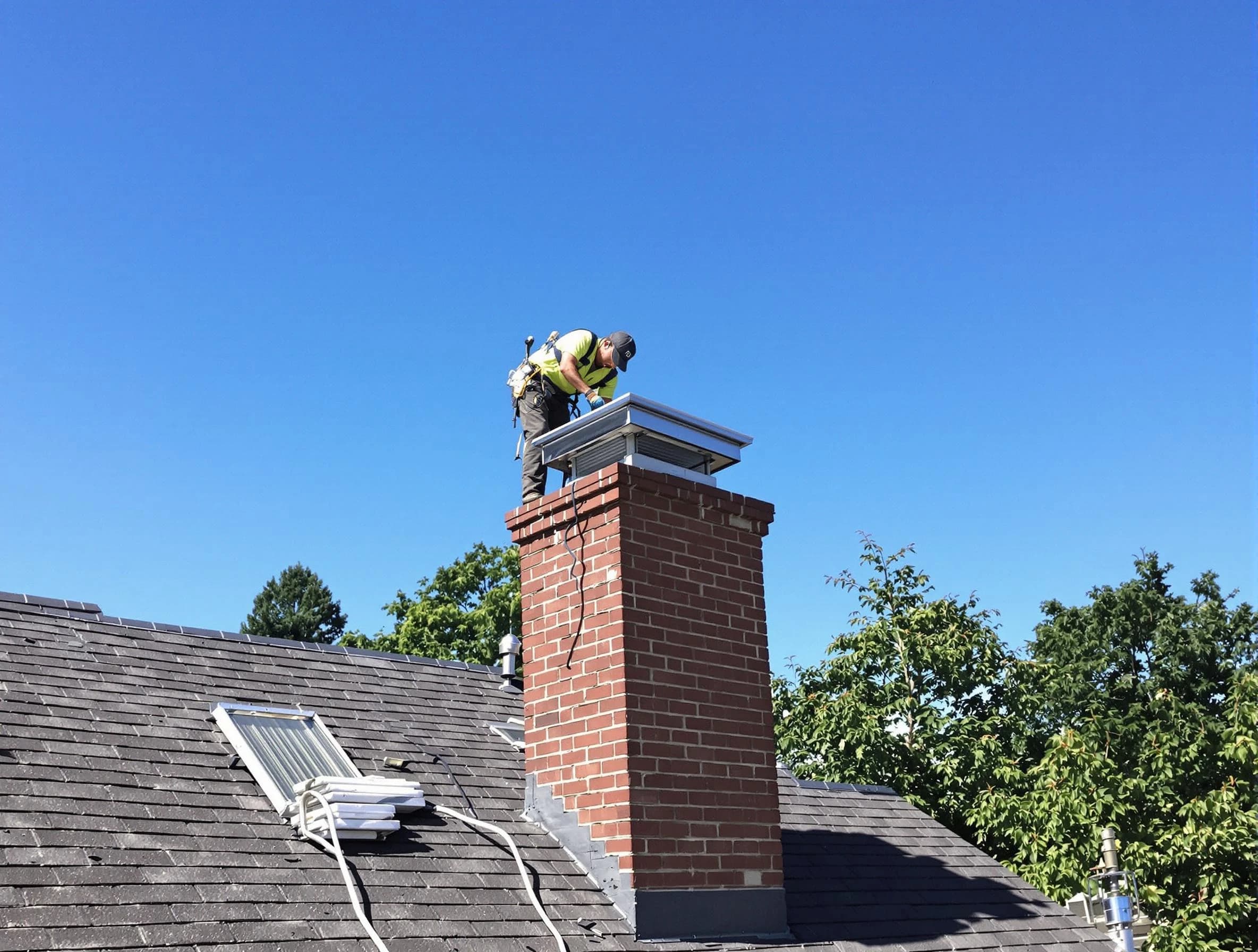 Millburn Chimney Sweep technician measuring a chimney cap in Millburn, NJ